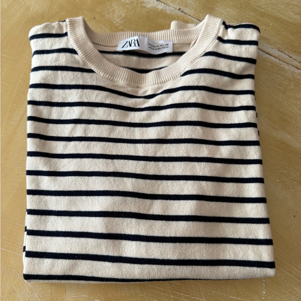 Zara navy and cream short sleeve sweater
